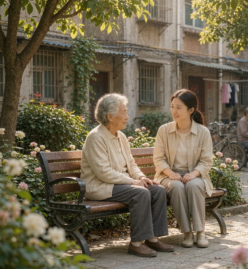 老人在社区卫生服务中心取药、与医生交流