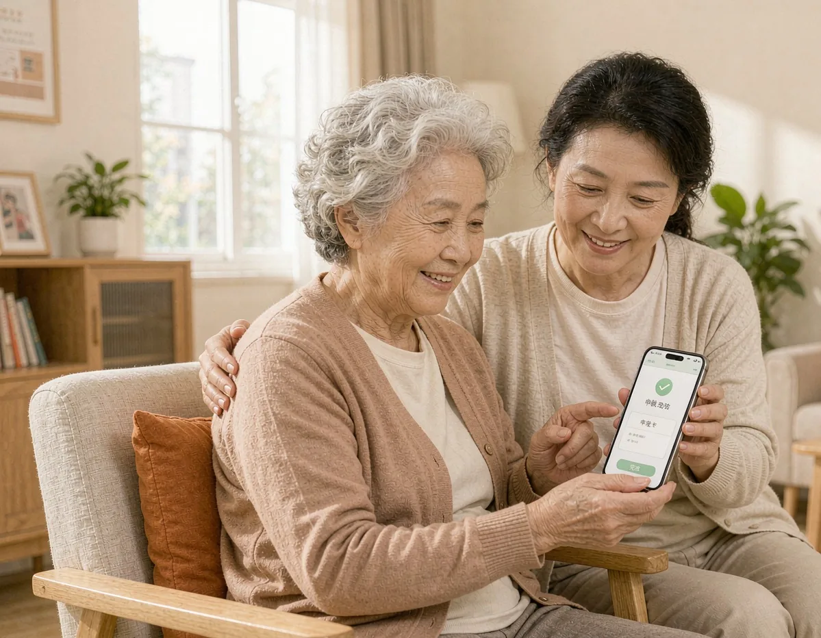 老人或子女在手机上办理敬老卡申领