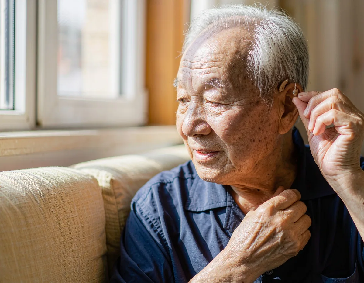 老人正在佩戴耳背式助听器