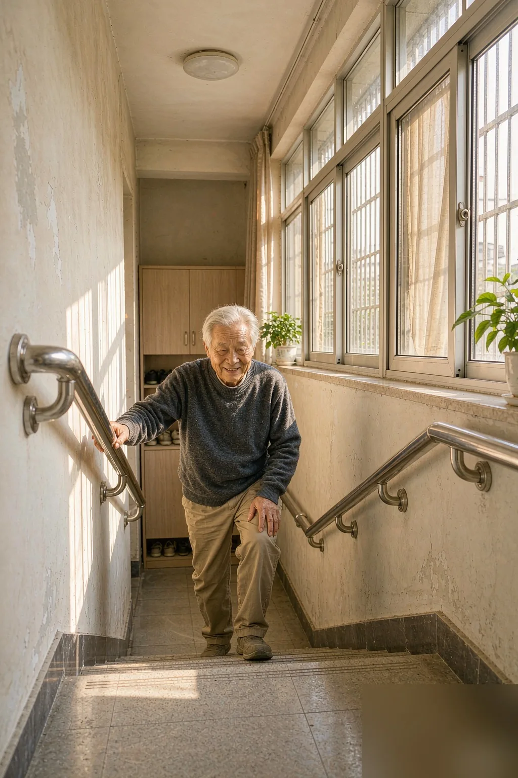 老人在体验展厅里试用智慧床与一键呼叫设备