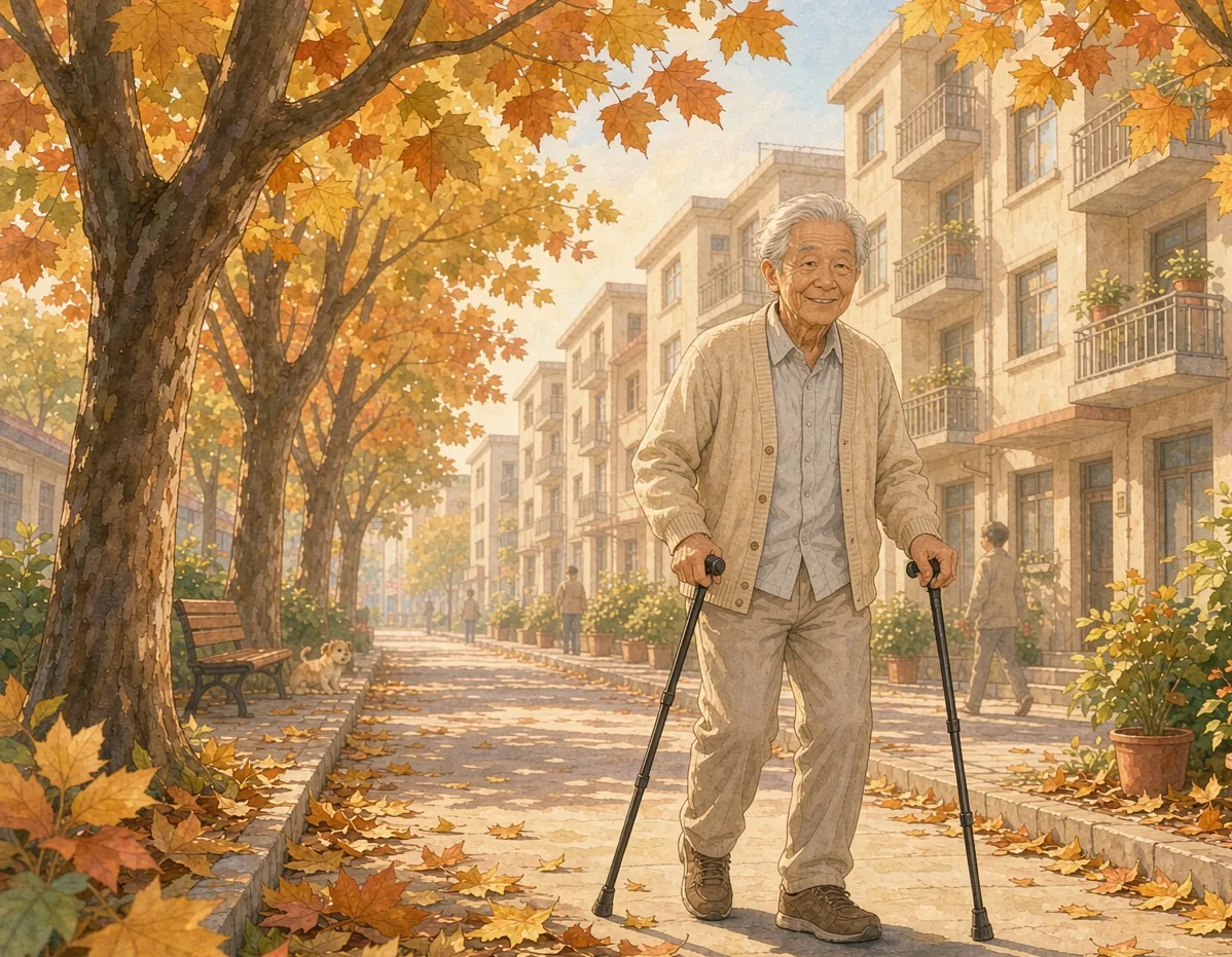秋日拄拐散步
